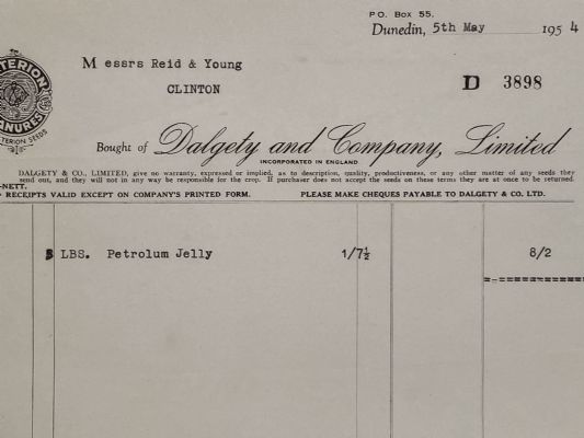 VINTAGE INVOICE: Dalgety & Company Limited, Dunedin - Merchants 1954 
