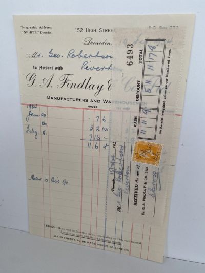 VINTAGE INVOICE: G.A. Findlay & Co, Dunedin – Manufacturers, Warehousemen 1934