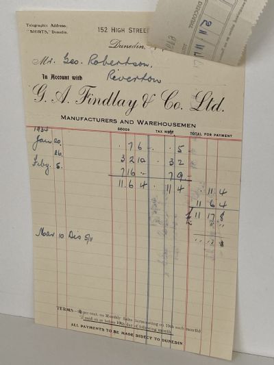 VINTAGE INVOICE: G.A. Findlay & Co, Dunedin – Manufacturers, Warehousemen 1934