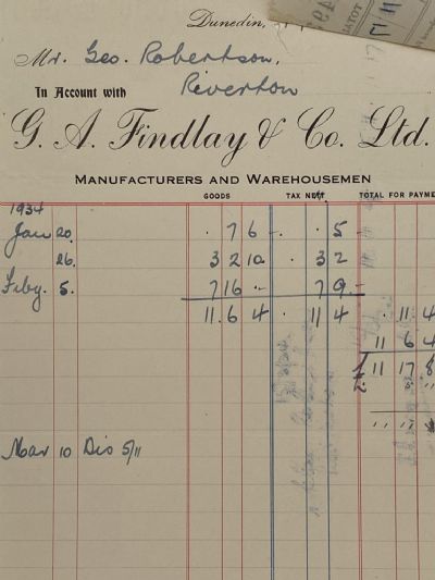 VINTAGE INVOICE: G.A. Findlay & Co, Dunedin – Manufacturers, Warehousemen 1934