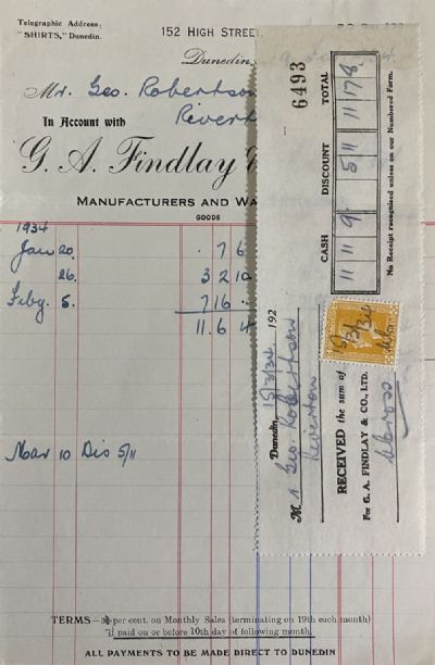 VINTAGE INVOICE: G.A. Findlay & Co, Dunedin – Manufacturers, Warehousemen 1934 