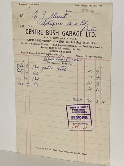 VINTAGE INVOICE: Centre Bush Garage, Winton - Motor and General Engineers 1954