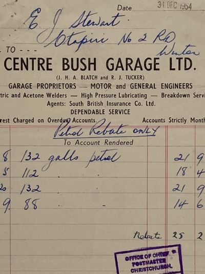 VINTAGE INVOICE: Centre Bush Garage, Winton - Motor and General Engineers 1954 