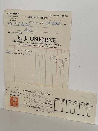 VINTAGE INVOICE: E. J. Osborne, Auckland - Costumes and Frocks 1935