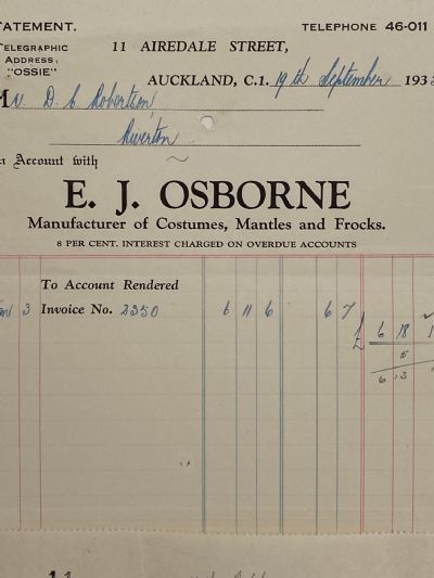 VINTAGE INVOICE: E. J. Osborne, Auckland - Costumes and Frocks 1935 