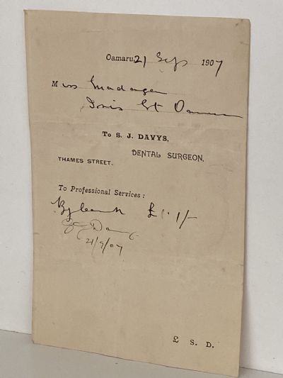 ANTIQUE INVOICE: S. J. Davys – Dental Surgeon, Thames St, Oamaru 1907