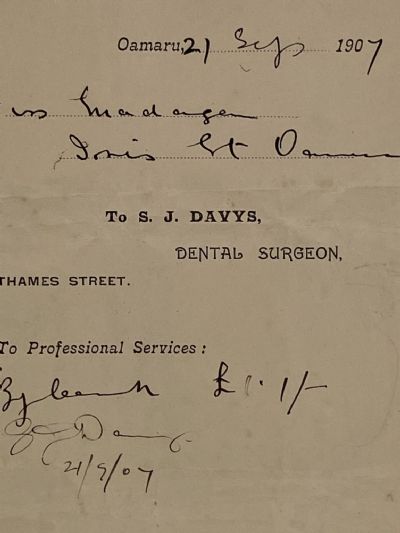 ANTIQUE INVOICE: S. J. Davys – Dental Surgeon, Thames St, Oamaru 1907 