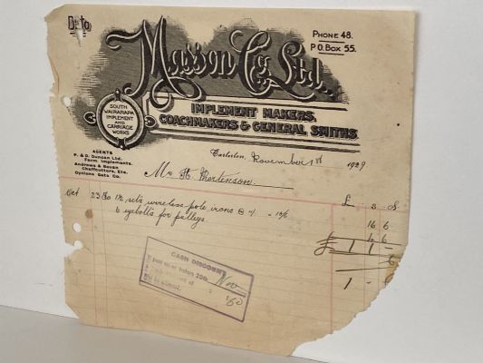ANTIQUE INVOICE: Masson & Co. Ltd Carterton – Implement Makers, Coachmakers 1929