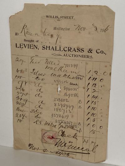 ANTIQUE INVOICE: Levien, Shallcrass & Co, Wellington - Auctioneers 1905
