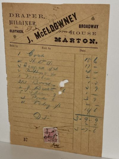 ANTIQUE INVOICE: J. McEldowney, Marton – Draper, Milliner and Clothier 1888