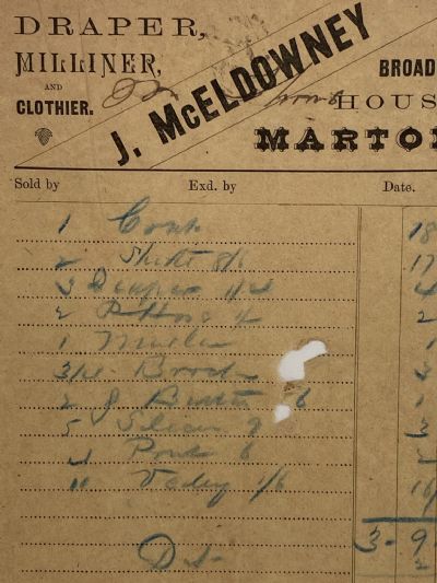 ANTIQUE INVOICE: J. McEldowney, Marton – Draper, Milliner and Clothier 1888 