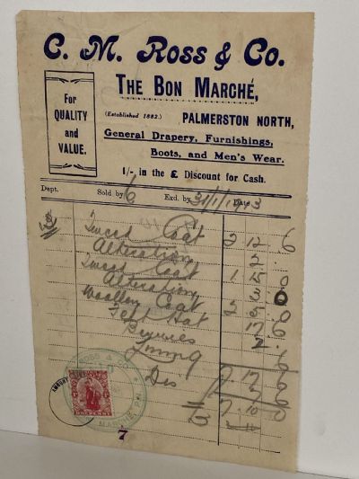 ANTIQUE INVOICE: C.M. Ross & Co, Palmerston North – General Drapery 1913