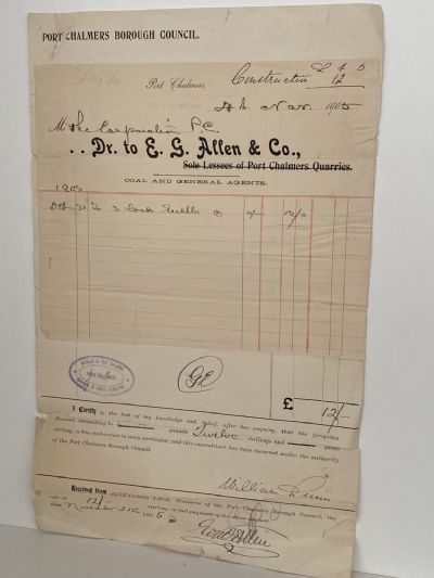 ANTIQUE INVOICE / RECEIPT: E.G. Allen & Co. Port Chalmers - Coal & Agents 1905