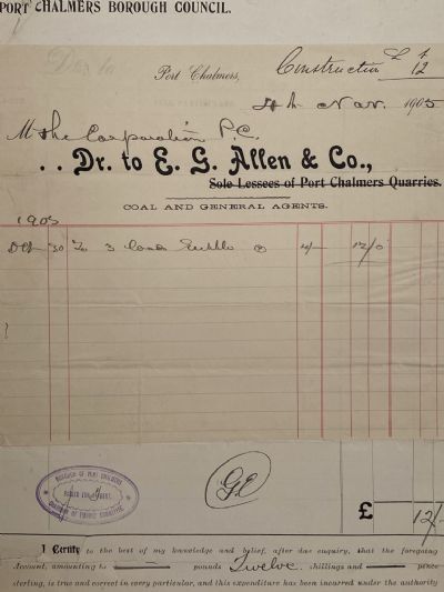 ANTIQUE INVOICE / RECEIPT: E.G. Allen & Co. Port Chalmers - Coal & Agents 1905 