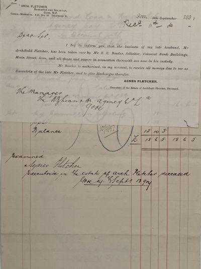 ANTIQUE INVOICE / RECEIPT: Arch. Fletcher, Gore – Barrister and Solicitor 1897 
