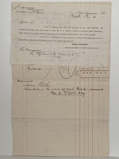 ANTIQUE INVOICE / RECEIPT: Arch. Fletcher, Gore – Barrister and Solicitor 1897
