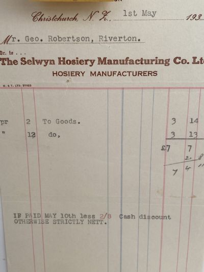 VINTAGE INVOICE: The Selwyn Hosiery Manufacturing Co. Ltd 1935 