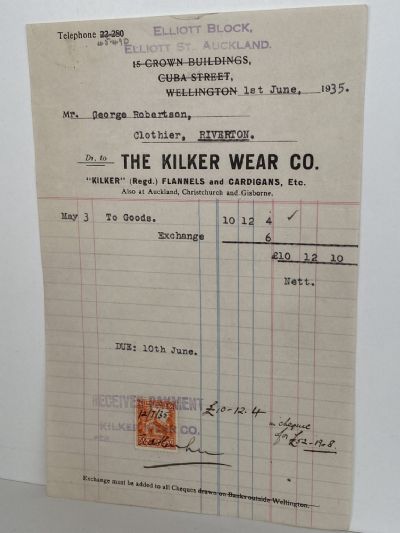 VINTAGE INVOICE: The Kilker Wear Co, Auckland 1935