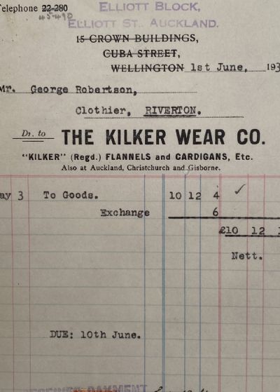 VINTAGE INVOICE: The Kilker Wear Co, Auckland 1935 