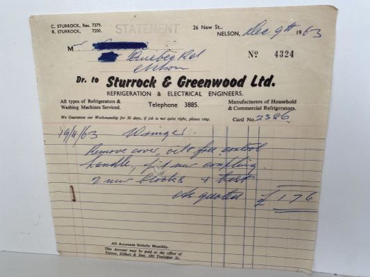 VINTAGE INVOICE: Sturrock & Greenwood Ltd. Nelson - Electrical Engineers 1963