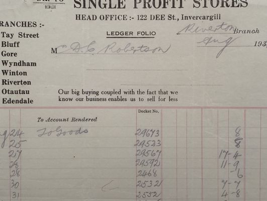 VINTAGE INVOICE: Single Profit Stores, Invercargill 1934 