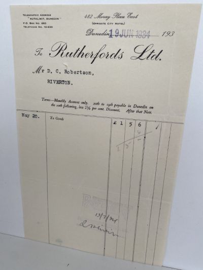 VINTAGE INVOICE: Rutherfords Ltd, Dunedin 1934