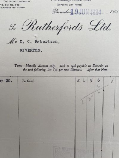 VINTAGE INVOICE: Rutherfords Ltd, Dunedin 1934 