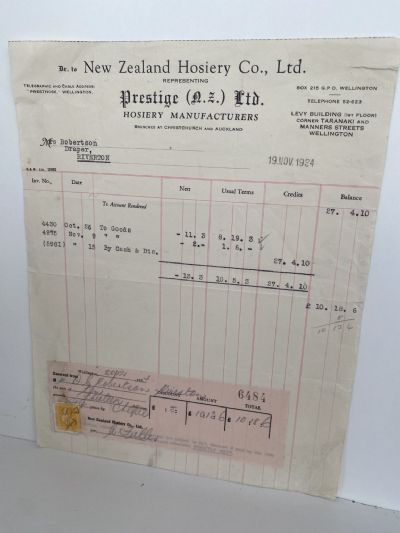 VINTAGE INVOICE: New Zealand Hosiery Co. Ltd, Wellington 1934