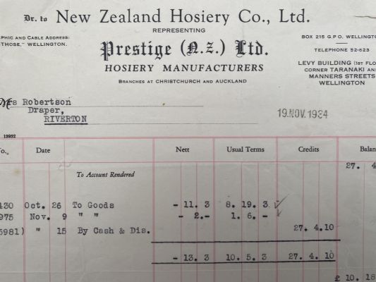 VINTAGE INVOICE: New Zealand Hosiery Co. Ltd, Wellington 1934 