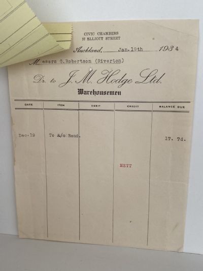 VINTAGE INVOICE: J. M. Hodge Ltd, Auckland - Warehousemen 1934