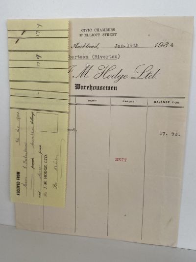 VINTAGE INVOICE: J. M. Hodge Ltd, Auckland - Warehousemen 1934