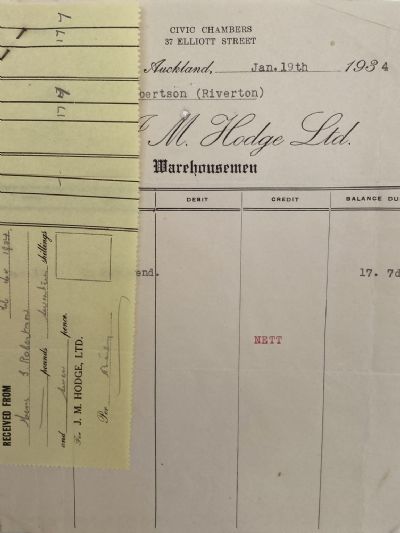 VINTAGE INVOICE: J. M. Hodge Ltd, Auckland - Warehousemen 1934 