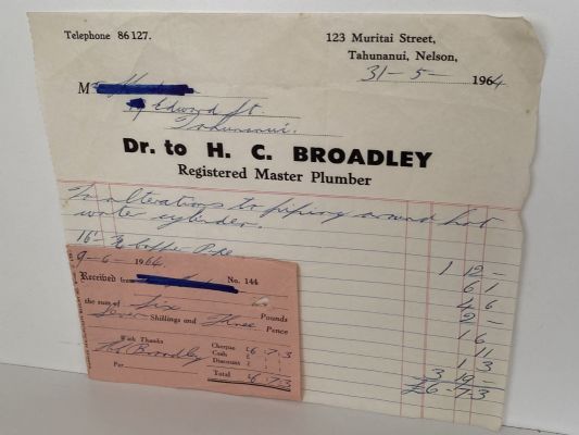 VINTAGE INVOICE: H.C. Broadley, Nelson - Registered Master Plumber 1964