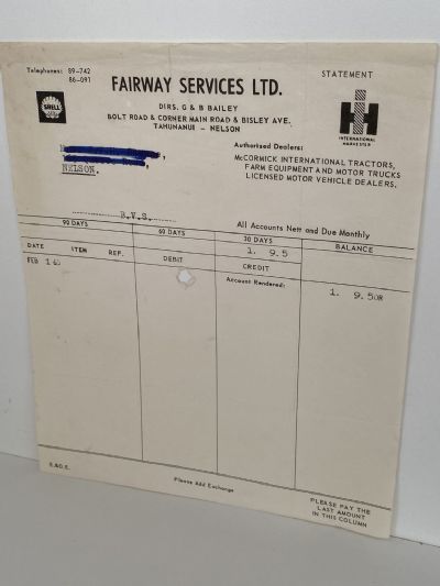 VINTAGE INVOICE: Fairway Services Ltd - International Tractors 1965