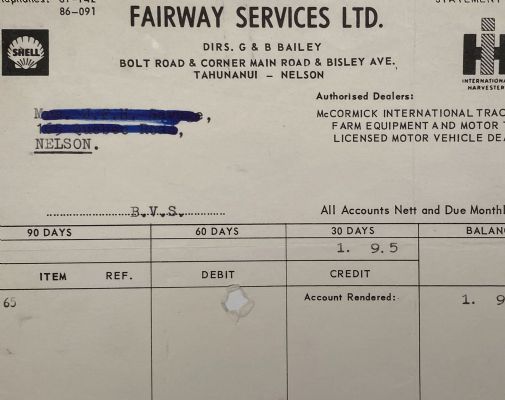 VINTAGE INVOICE: Fairway Services Ltd - International Tractors 1965 
