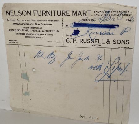 VINTAGE INVOICE: G. P. Russell & Sons Ltd, Nelson 1943