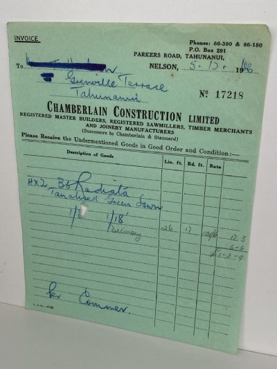 VINTAGE INVOICE: Chamberlain Construction Ltd, Nelson 1966