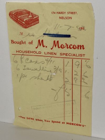 VINTAGE INVOICE: M. Morcom, Nelson - Household Linen Specialist 1952
