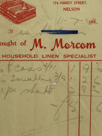 VINTAGE INVOICE: M. Morcom, Nelson - Household Linen Specialist 1952 