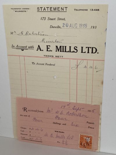 VINTAGE INVOICE: A.E. Mills Ltd, Dunedin 1935