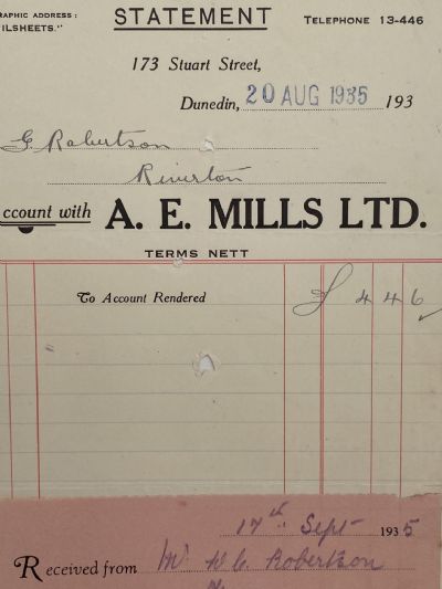 VINTAGE INVOICE: A.E. Mills Ltd, Dunedin 1935 