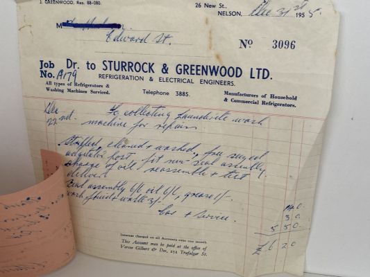 VINTAGE INVOICE: Sturrock & Greenwood Ltd, Nelson 1955