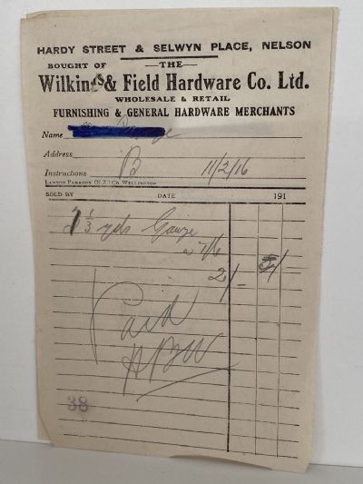 ANTIQUE INVOICE: Wilkins & Field Hardware Co Ltd, Nelson 1916