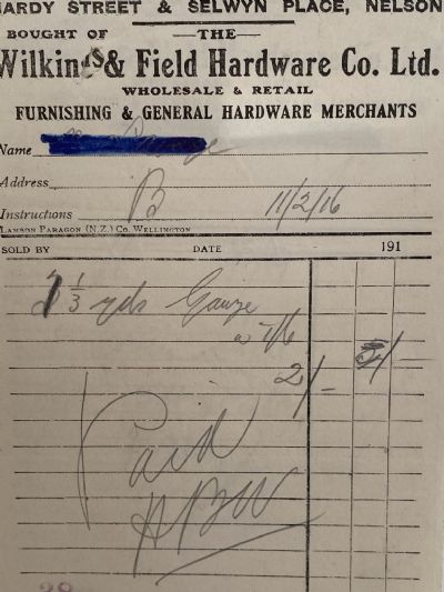 ANTIQUE INVOICE: Wilkins & Field Hardware Co Ltd, Nelson 1916 
