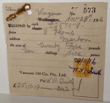 ANTIQUE INVOICE: Vacuum Oil Pty Ltd, Wanganui 1916