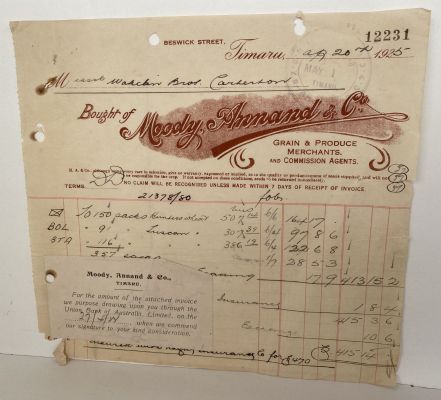 ANTIQUE INVOICE: Moody Annand & Co, Dunedin - Grain & Produce Merchants 1925
