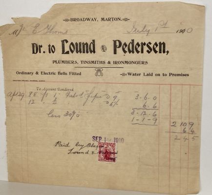 ANTIQUE INVOICE: Lound & Pedersen, Marton - Plumbers, Tinsmiths 1910