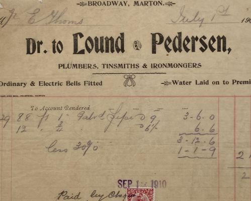 ANTIQUE INVOICE: Lound & Pedersen, Marton - Plumbers, Tinsmiths 1910 