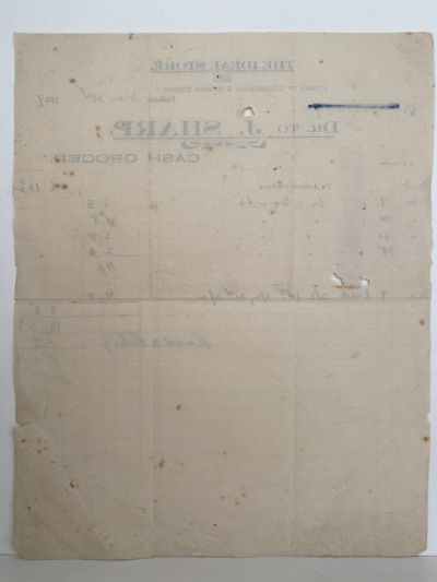 ANTIQUE INVOICE: J. Sharp, Nelson - Cash Grocer 1929