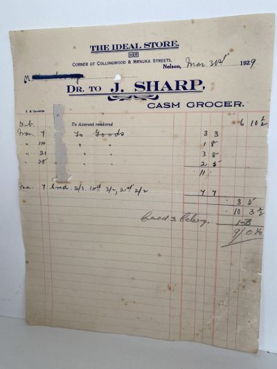 ANTIQUE INVOICE: J. Sharp, Nelson - Cash Grocer 1929